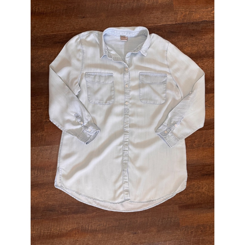Chico's Size 2 12/14 Tencel Chambray Tunic Button Down Roll Tab Shirt